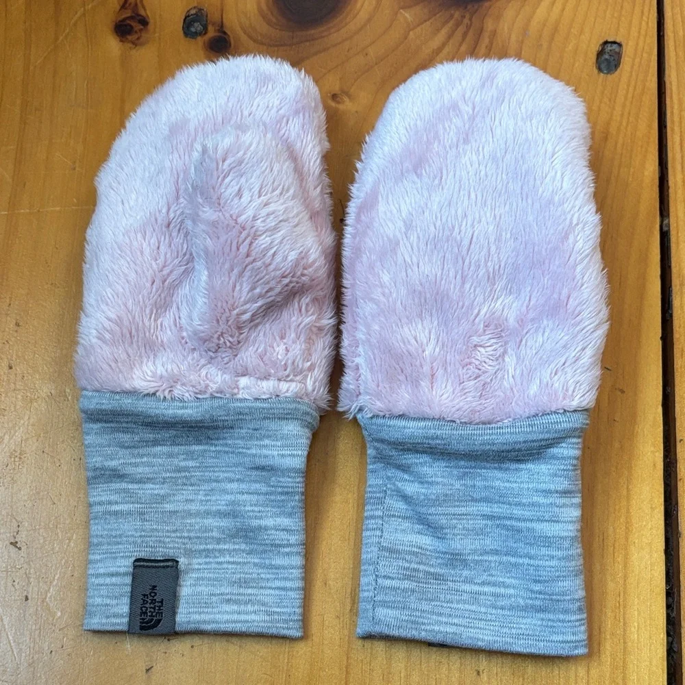 NORTH FACE 3T Pink Minky Osilito Mitt Mittens Thumbs Gray Elastic Band Skiing